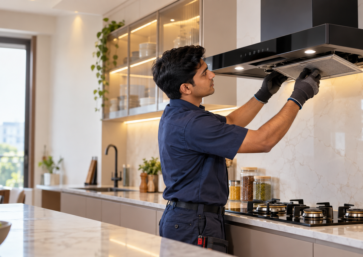 Professional inspecting kitchen chimney