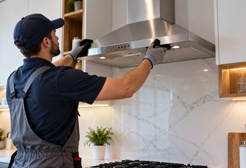 Illustrative photograph of kitchen chimney service: Chimney Installation