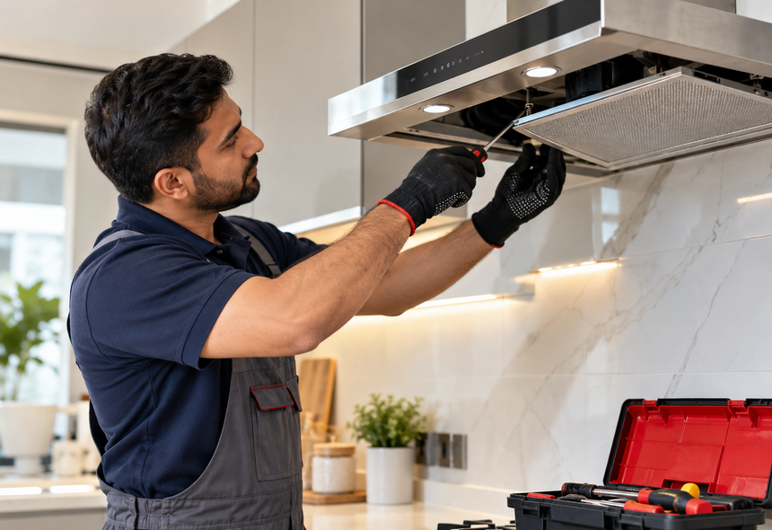 Illustrative photograph of kitchen chimney service: Motor & Suction Diagnosis