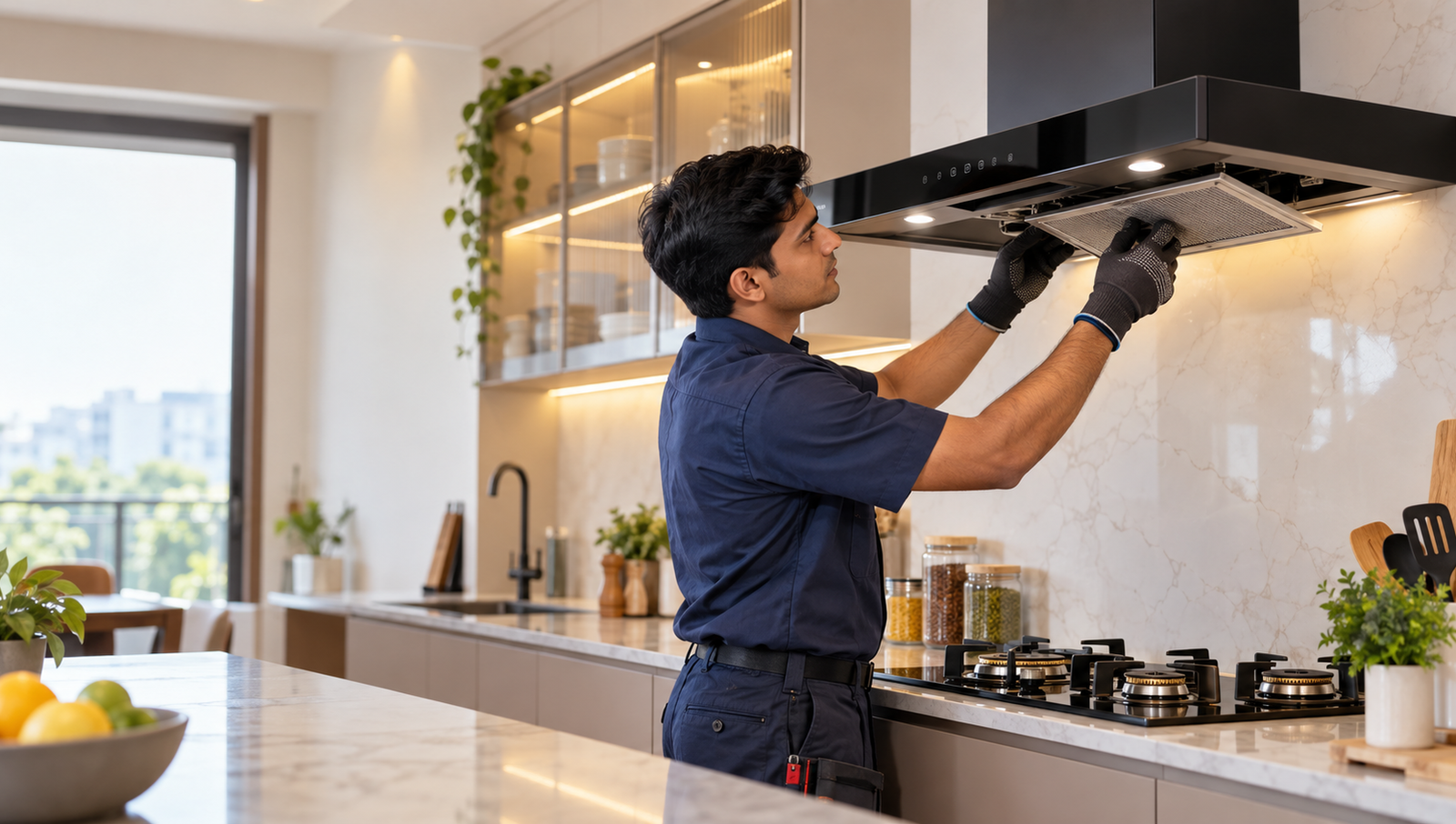 Technician servicing a modern kitchen chimney